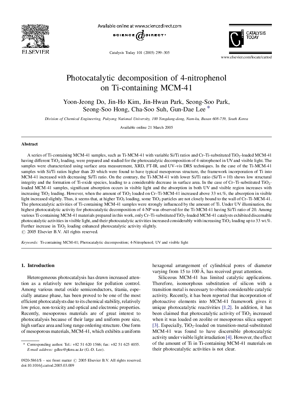 Photocatalytic decomposition of 4-nitrophenol on Ti-containing MCM-41