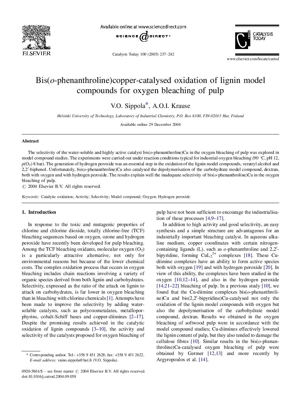 Bis(o-phenanthroline)copper-catalysed oxidation of lignin model compounds for oxygen bleaching of pulp