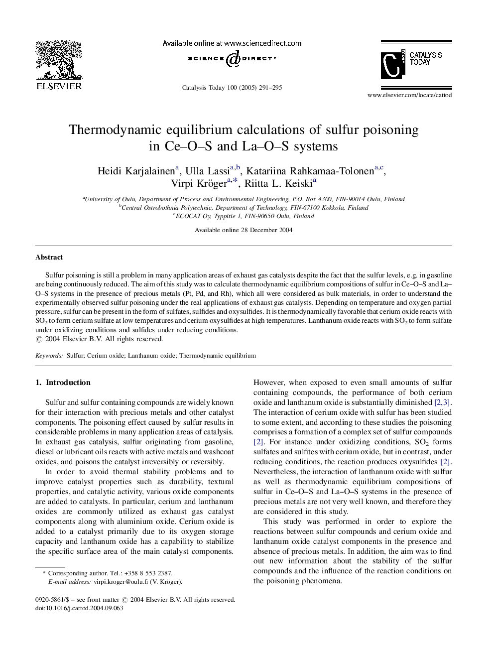 Thermodynamic equilibrium calculations of sulfur poisoning in Ce-O-S and La-O-S systems