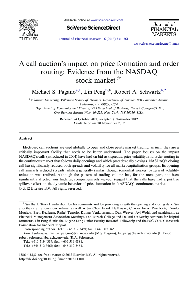 A call auction's impact on price formation and order routing: Evidence from the NASDAQ stock market