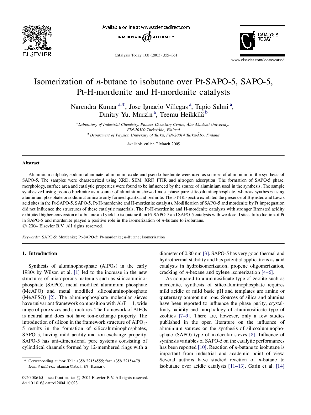 Isomerization of n-butane to isobutane over Pt-SAPO-5, SAPO-5, Pt-H-mordenite and H-mordenite catalysts