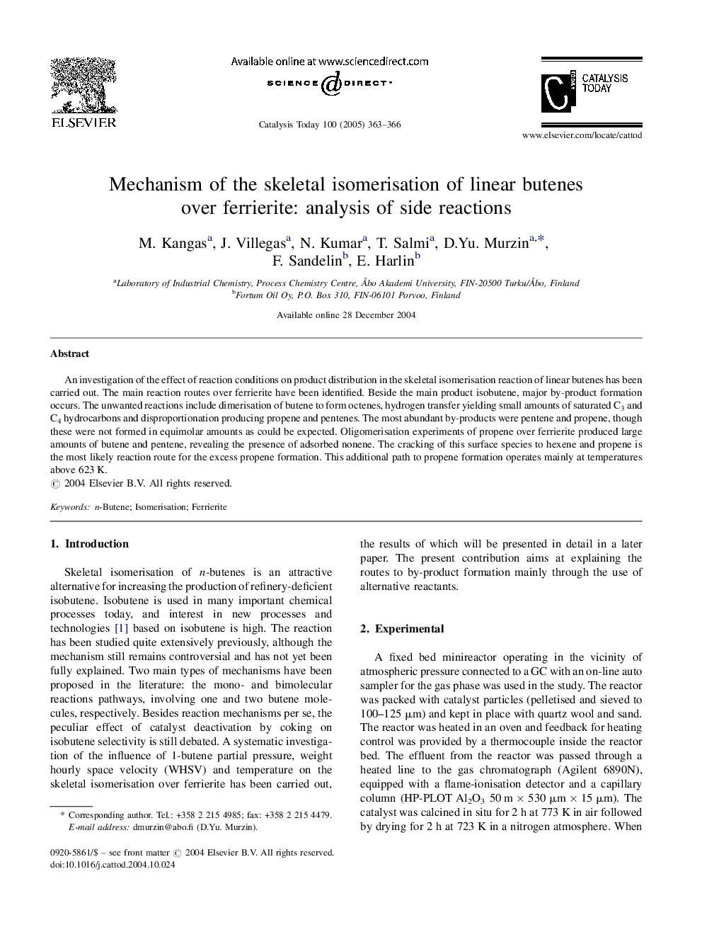 Mechanism of the skeletal isomerisation of linear butenes over ferrierite: analysis of side reactions