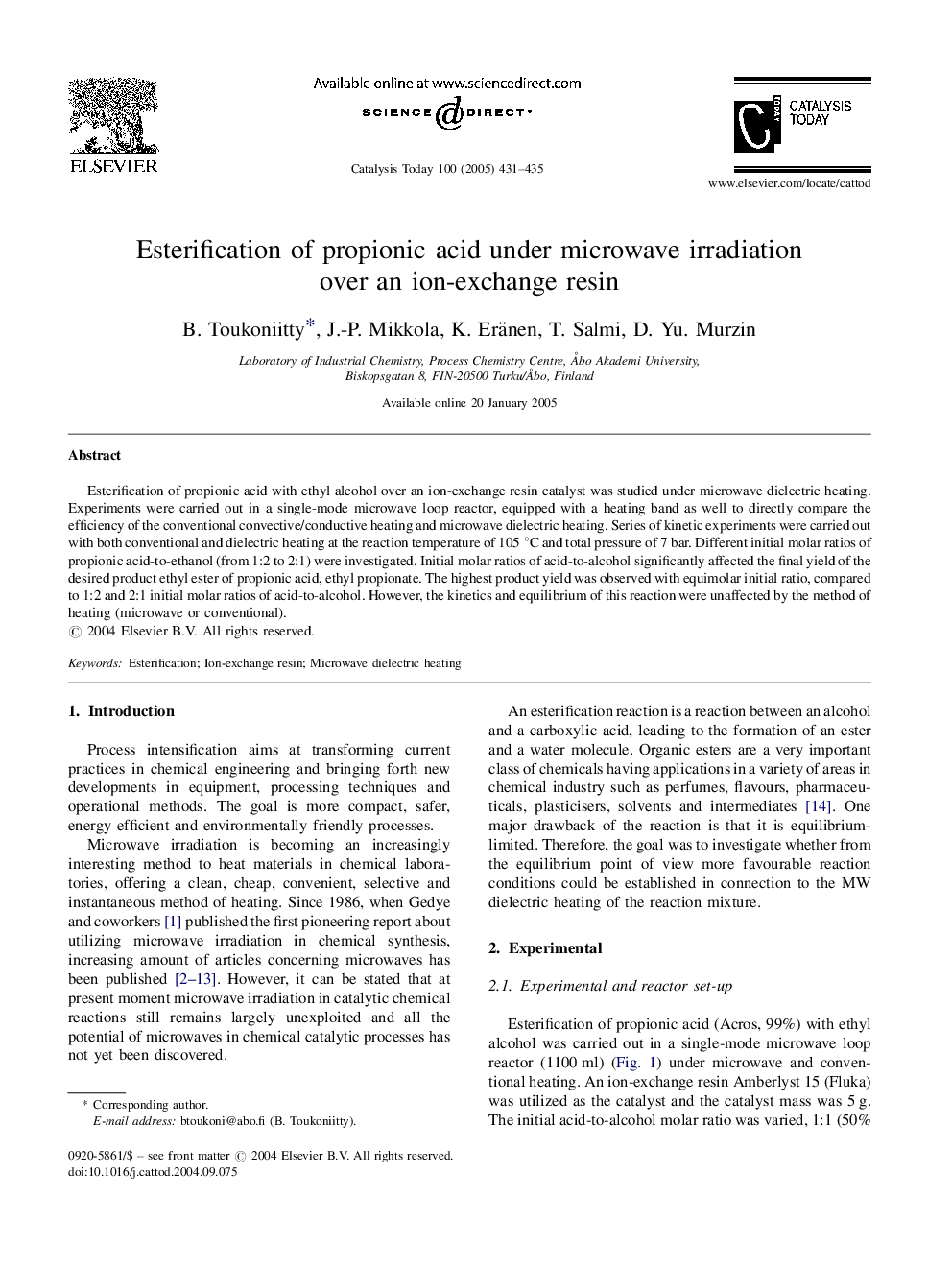 Esterification of propionic acid under microwave irradiation over an ion-exchange resin