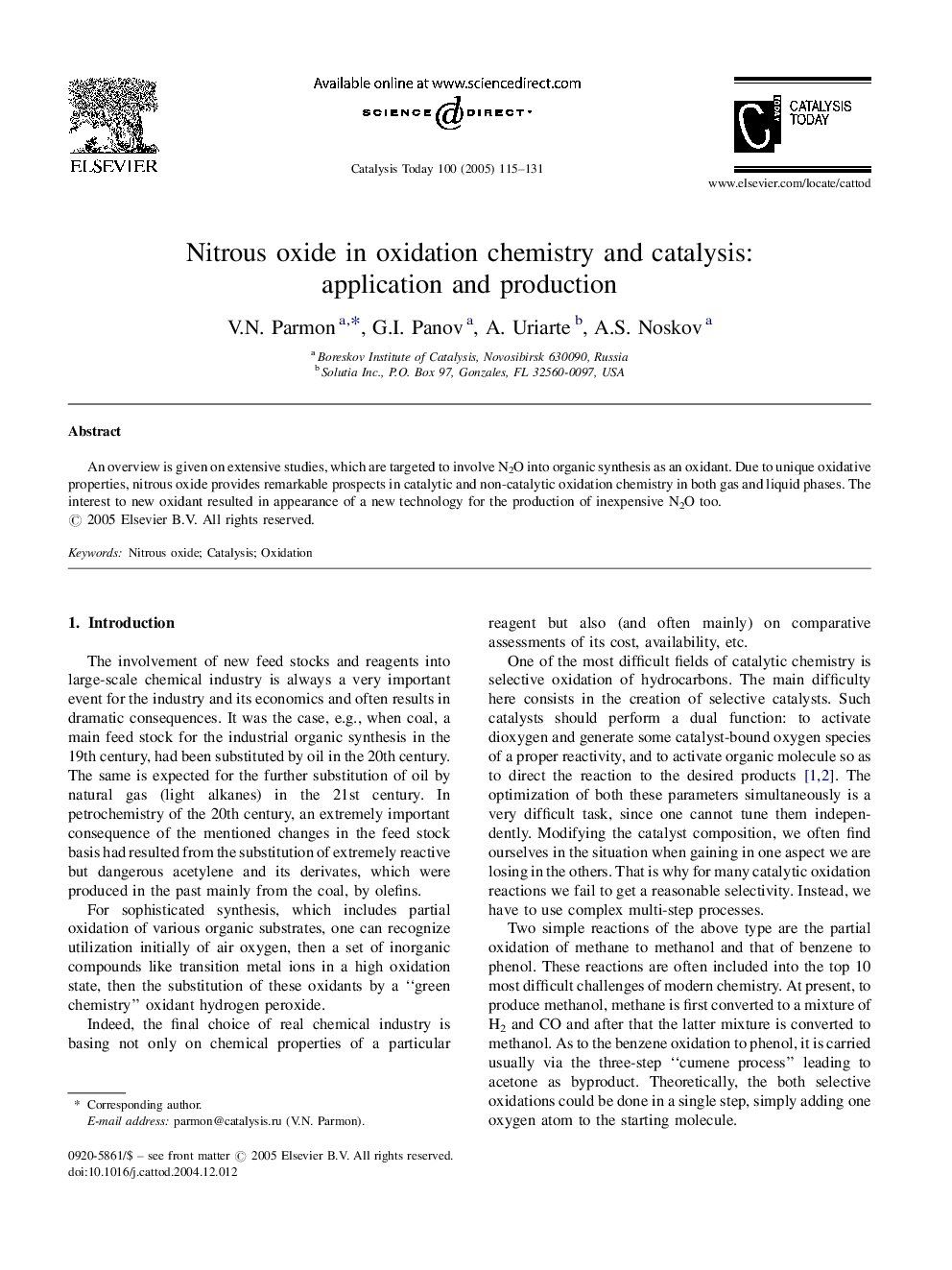 Nitrous oxide in oxidation chemistry and catalysis: application and production