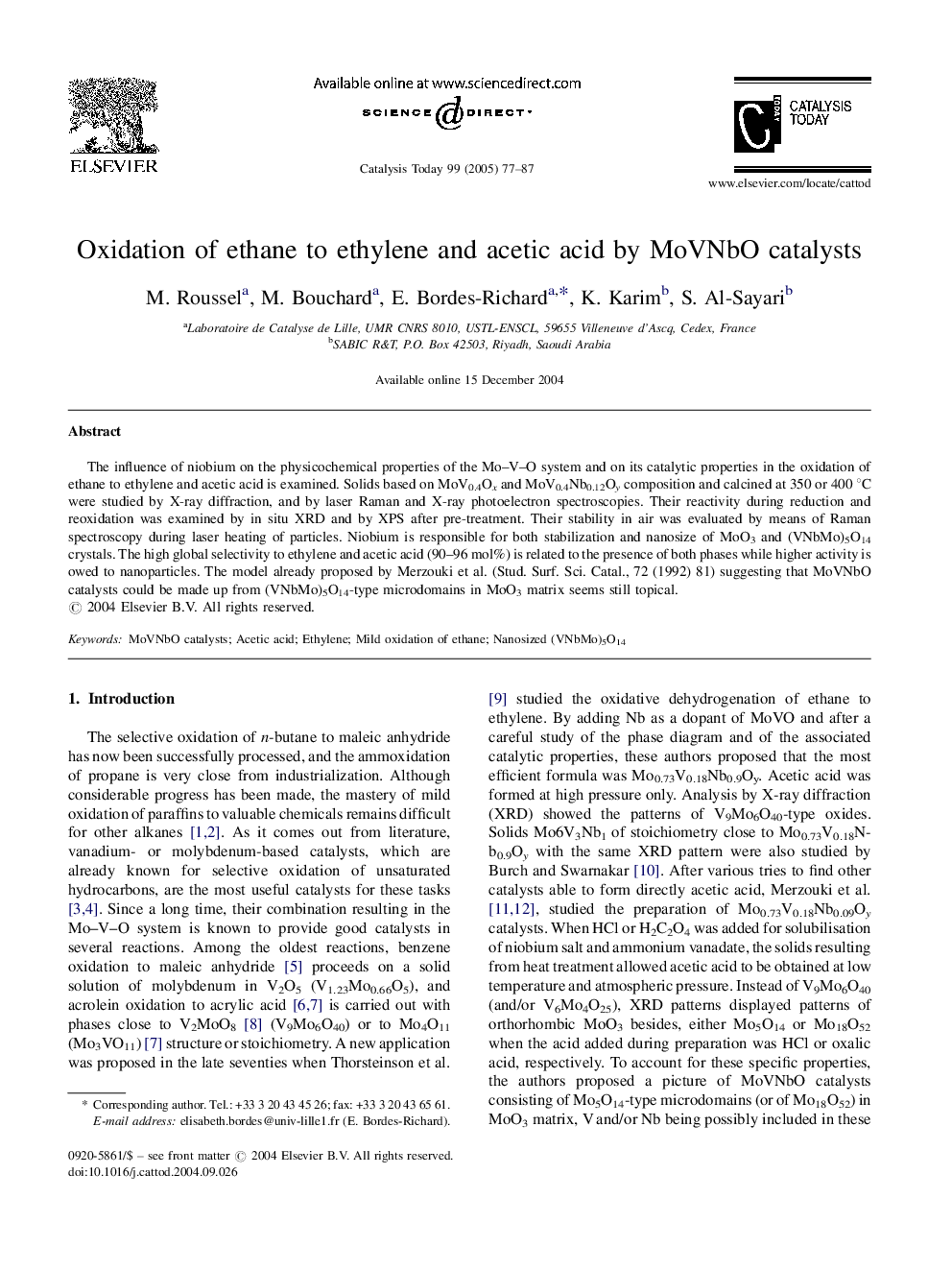 Oxidation of ethane to ethylene and acetic acid by MoVNbO catalysts