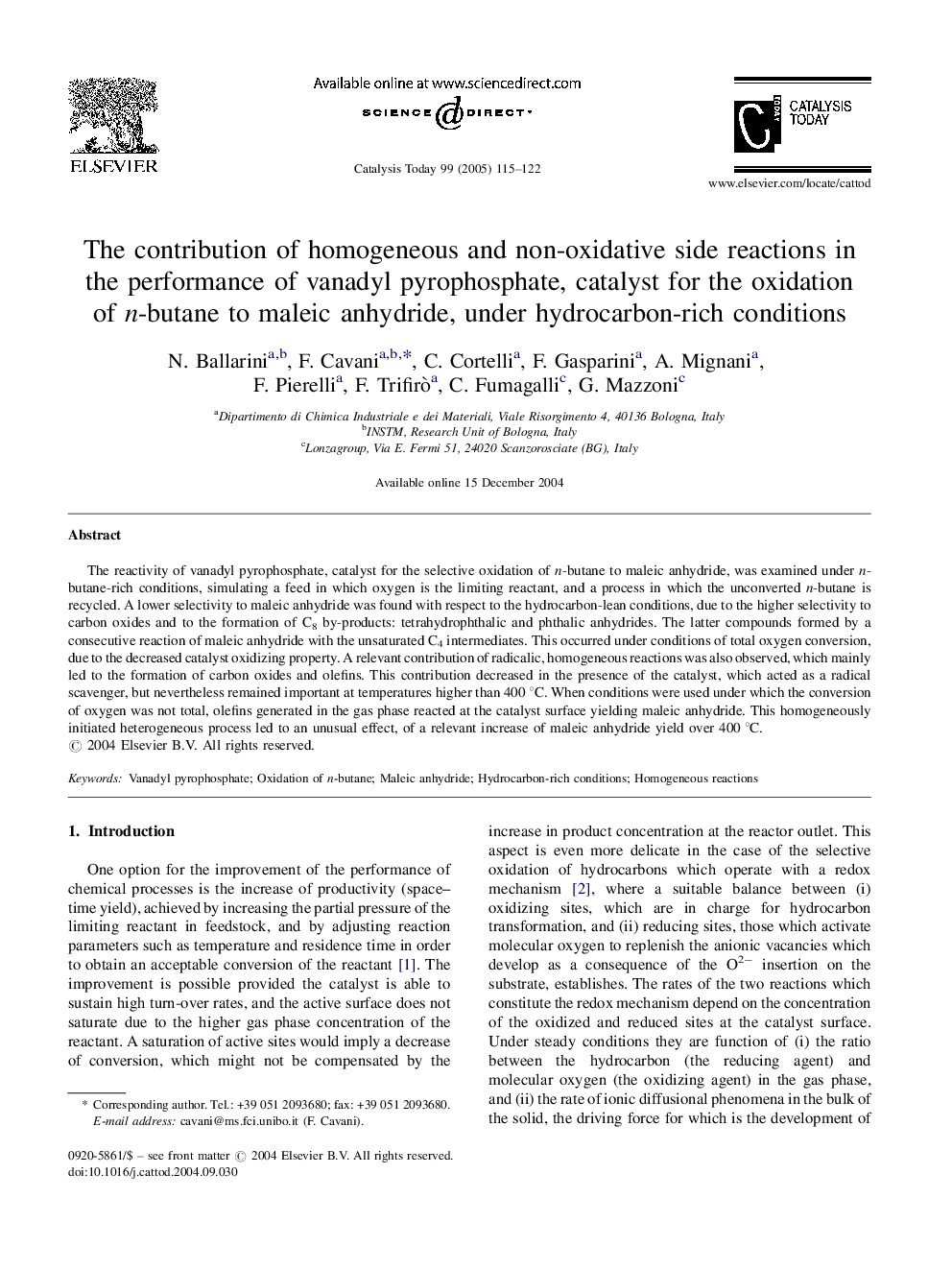 The contribution of homogeneous and non-oxidative side reactions in the performance of vanadyl pyrophosphate, catalyst for the oxidation of n-butane to maleic anhydride, under hydrocarbon-rich conditions