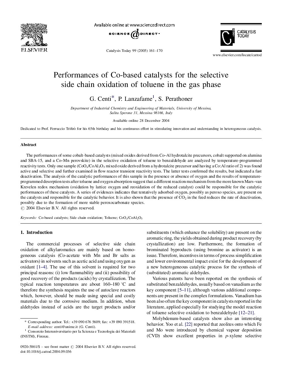 Performances of Co-based catalysts for the selective side chain oxidation of toluene in the gas phase