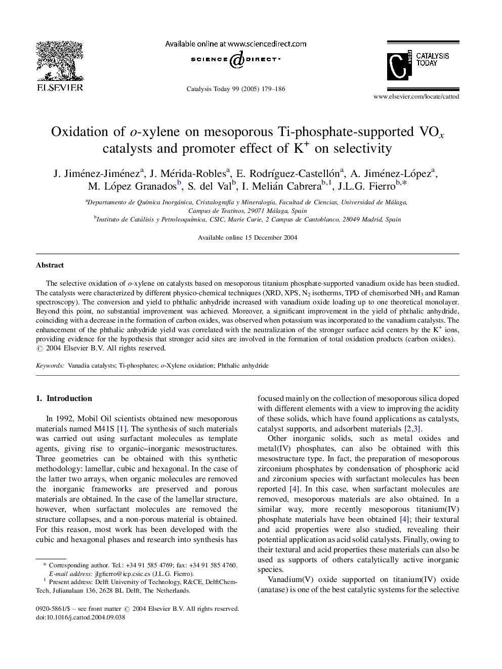 Oxidation of o-xylene on mesoporous Ti-phosphate-supported VOx catalysts and promoter effect of K+ on selectivity