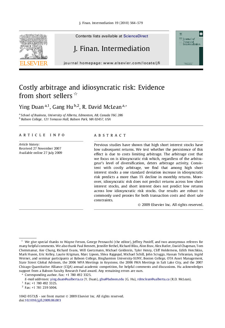 Costly arbitrage and idiosyncratic risk: Evidence from short sellers