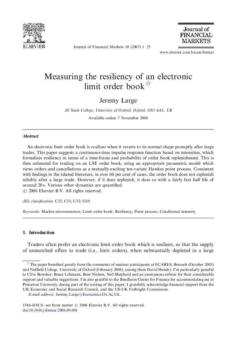 Measuring the resiliency of an electronic limit order book