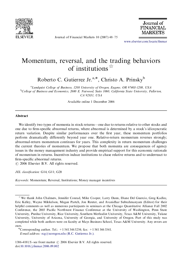 Momentum, reversal, and the trading behaviors of institutions