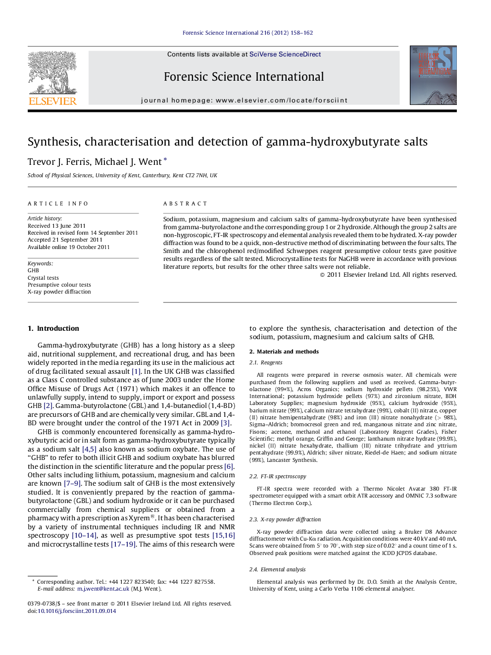 Synthesis, characterisation and detection of gamma-hydroxybutyrate salts