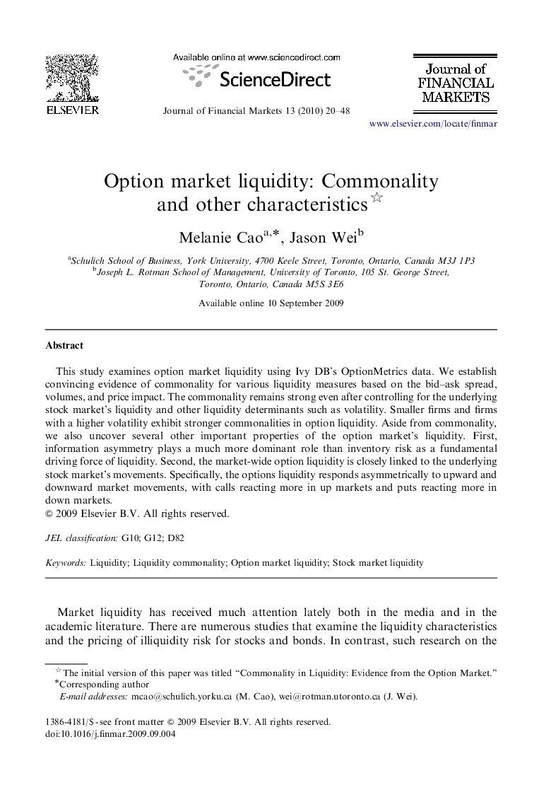 Option market liquidity: Commonality and other characteristics