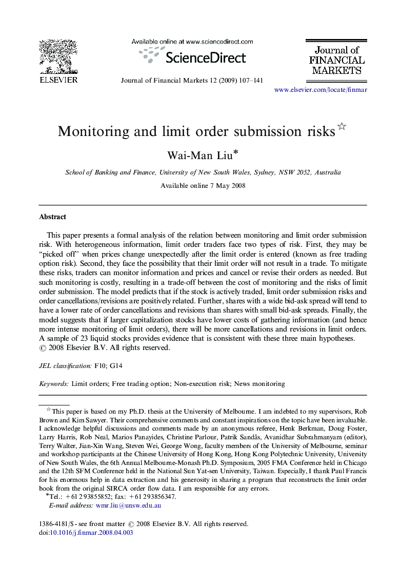 Monitoring and limit order submission risks