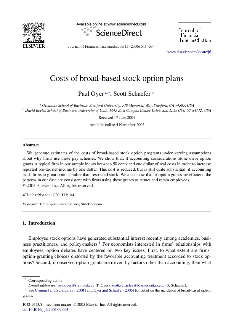 Costs of broad-based stock option plans