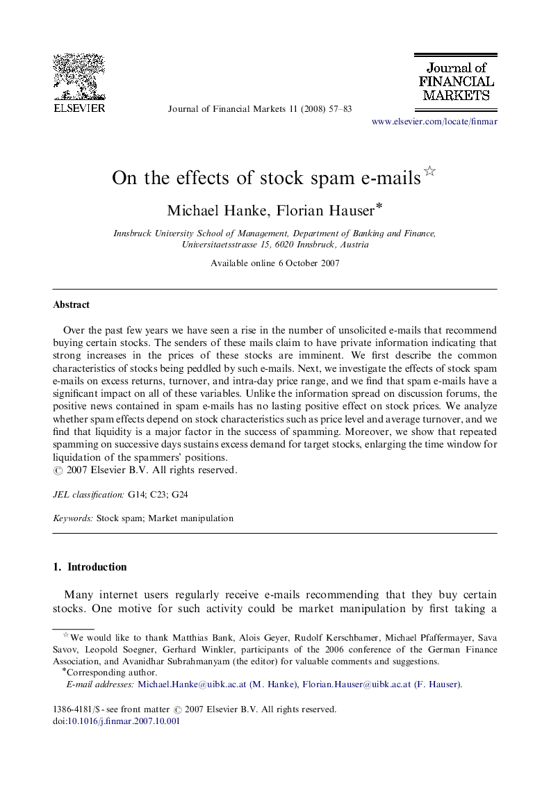 On the effects of stock spam e-mails