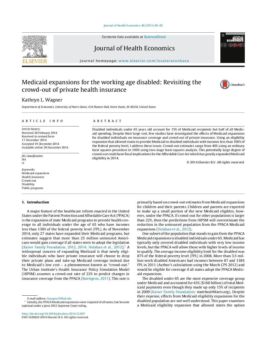 Medicaid expansions for the working age disabled: Revisiting the crowd-out of private health insurance