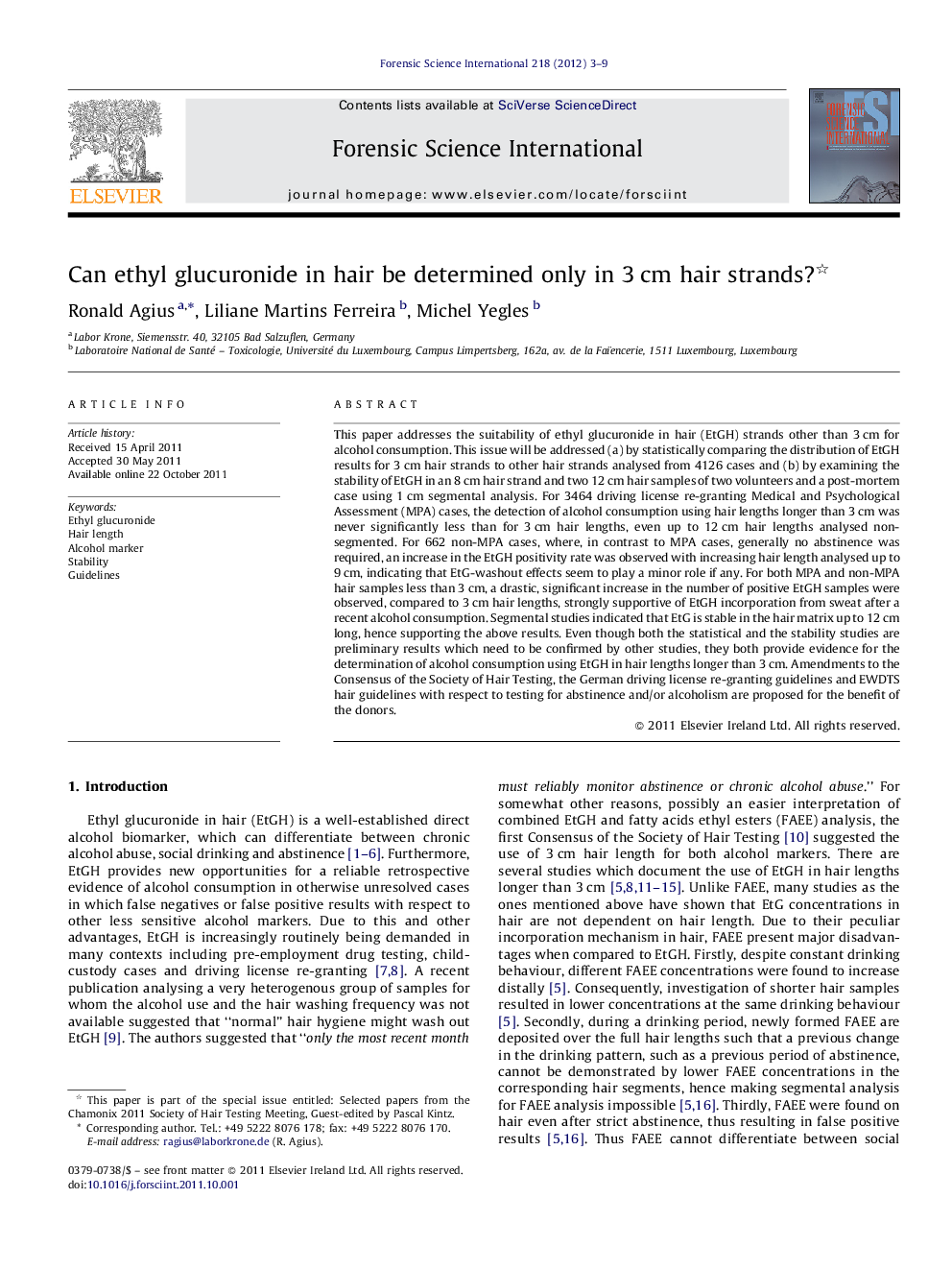 Can ethyl glucuronide in hair be determined only in 3 cm hair strands? 