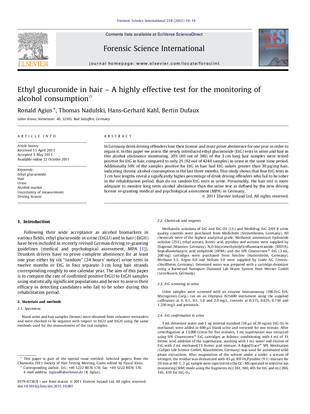 Ethyl glucuronide in hair – A highly effective test for the monitoring of alcohol consumption 