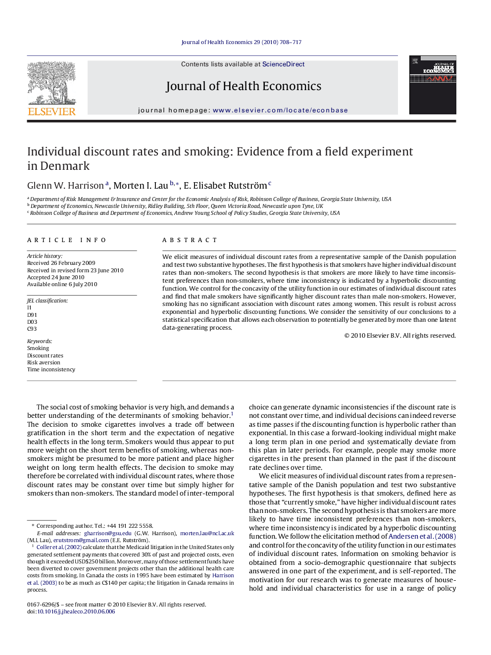 Individual discount rates and smoking: Evidence from a field experiment in Denmark