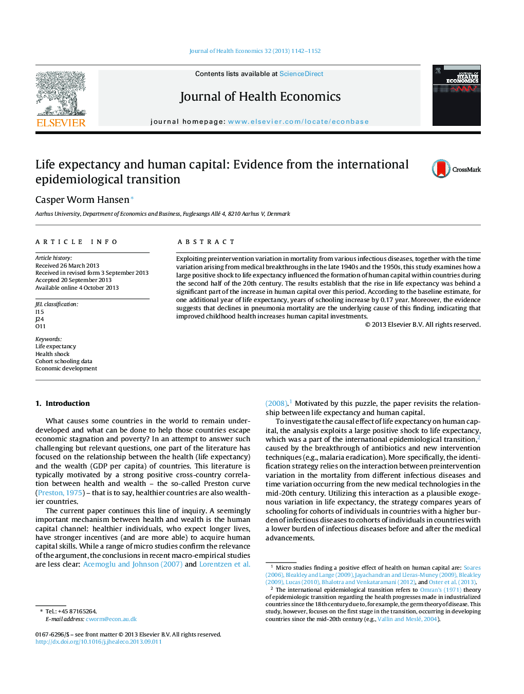 Life expectancy and human capital: Evidence from the international epidemiological transition