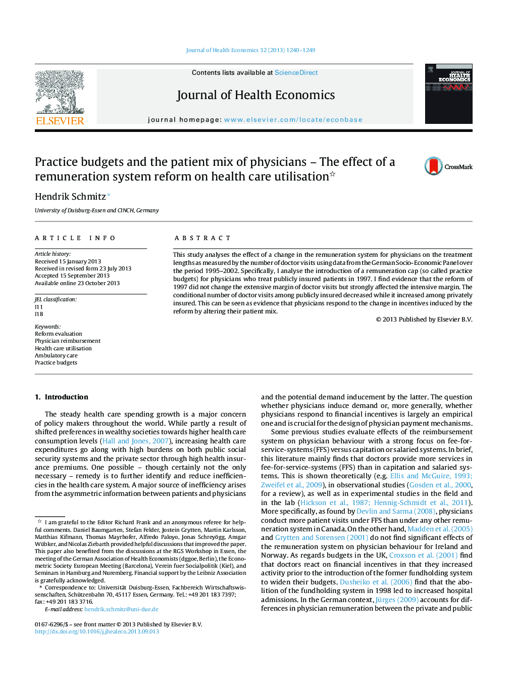 Practice budgets and the patient mix of physicians - The effect of a remuneration system reform on health care utilisation