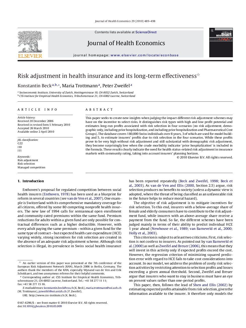 Risk adjustment in health insurance and its long-term effectiveness