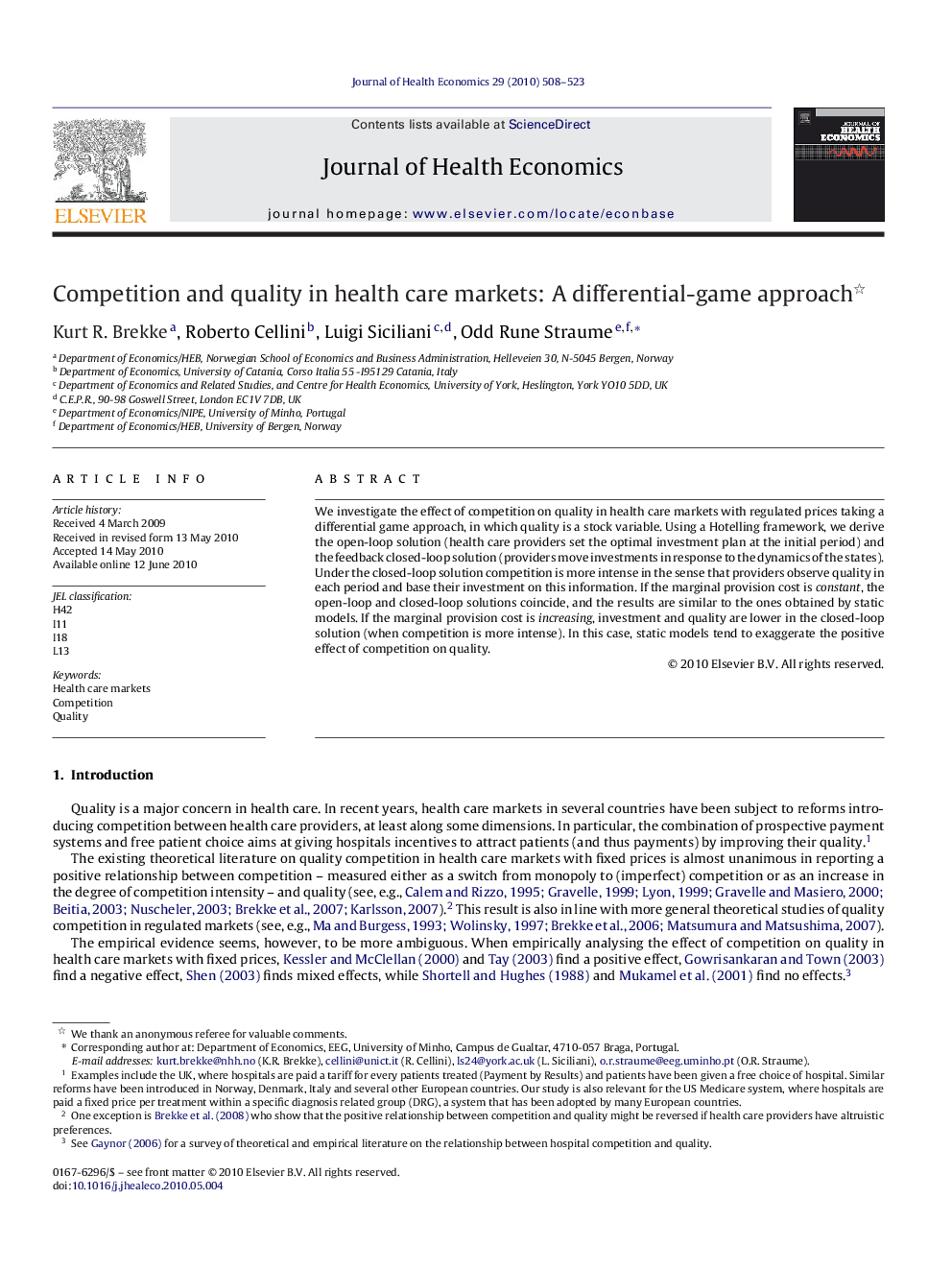 Competition and quality in health care markets: A differential-game approach