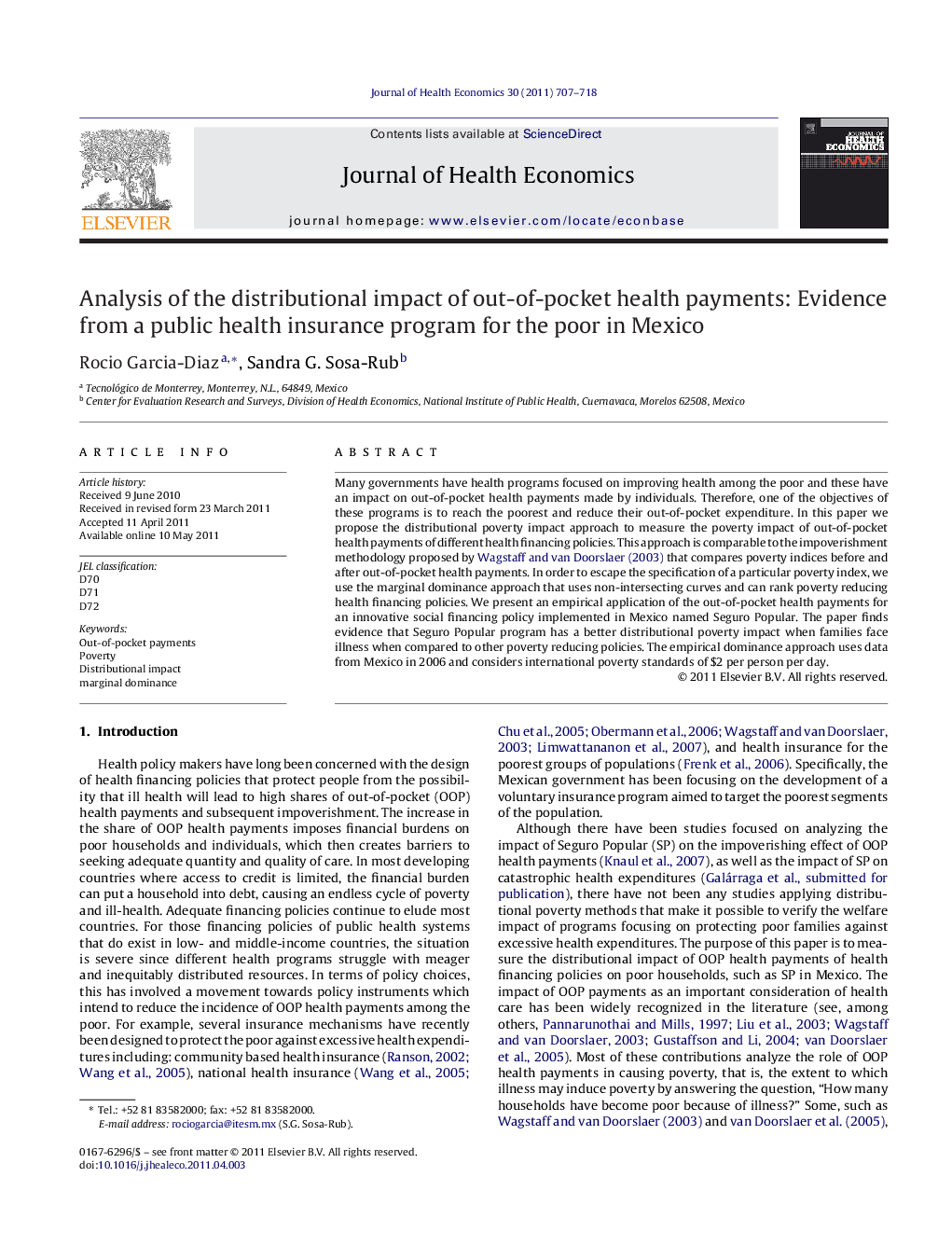 Analysis of the distributional impact of out-of-pocket health payments: Evidence from a public health insurance program for the poor in Mexico