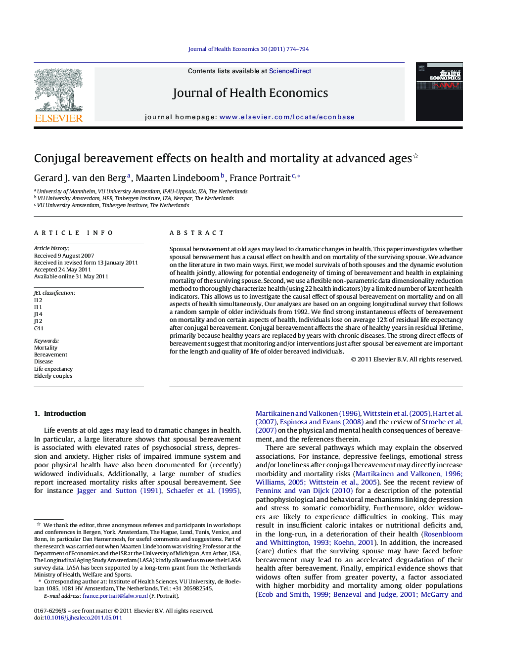 Conjugal bereavement effects on health and mortality at advanced ages