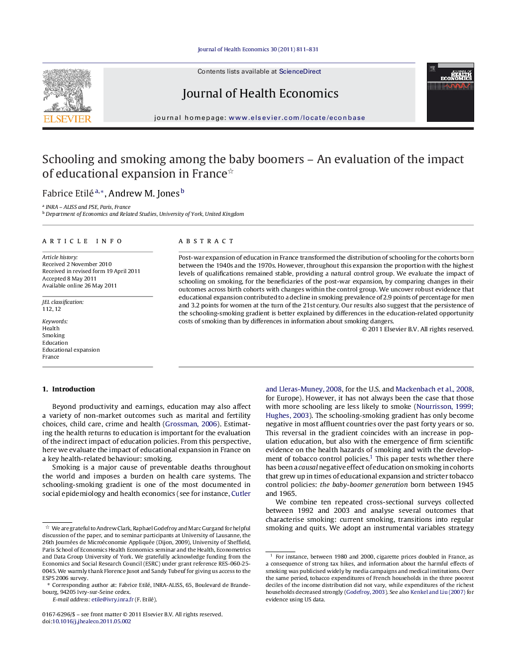 Schooling and smoking among the baby boomers - An evaluation of the impact of educational expansion in France