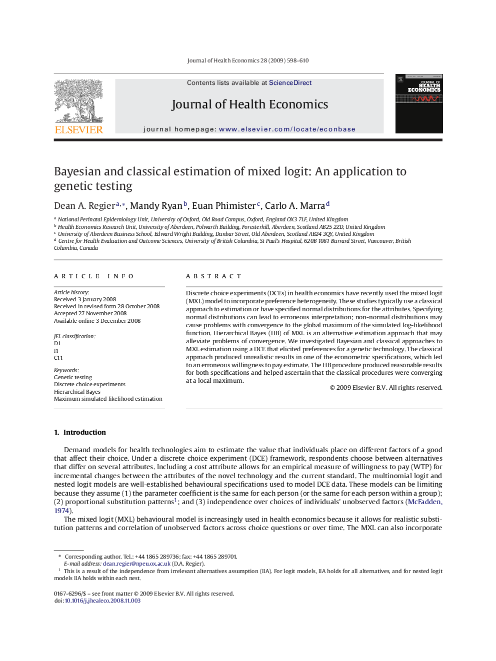 Bayesian and classical estimation of mixed logit: An application to genetic testing