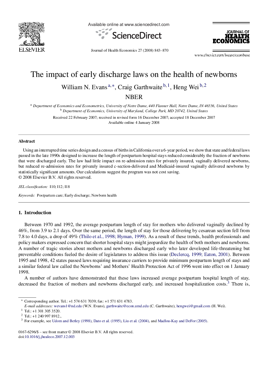 The impact of early discharge laws on the health of newborns