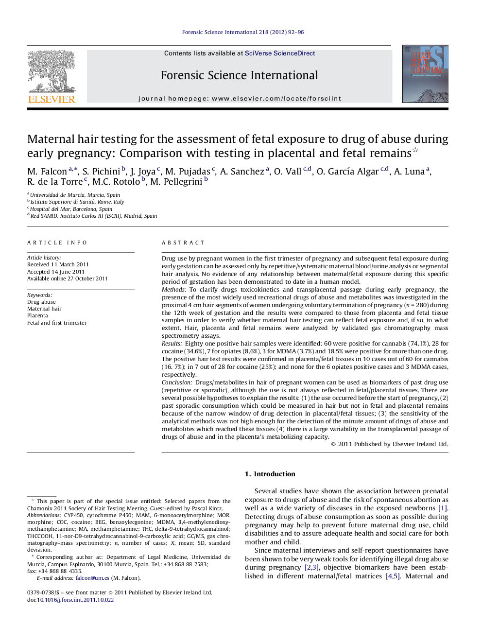 Maternal hair testing for the assessment of fetal exposure to drug of abuse during early pregnancy: Comparison with testing in placental and fetal remains 