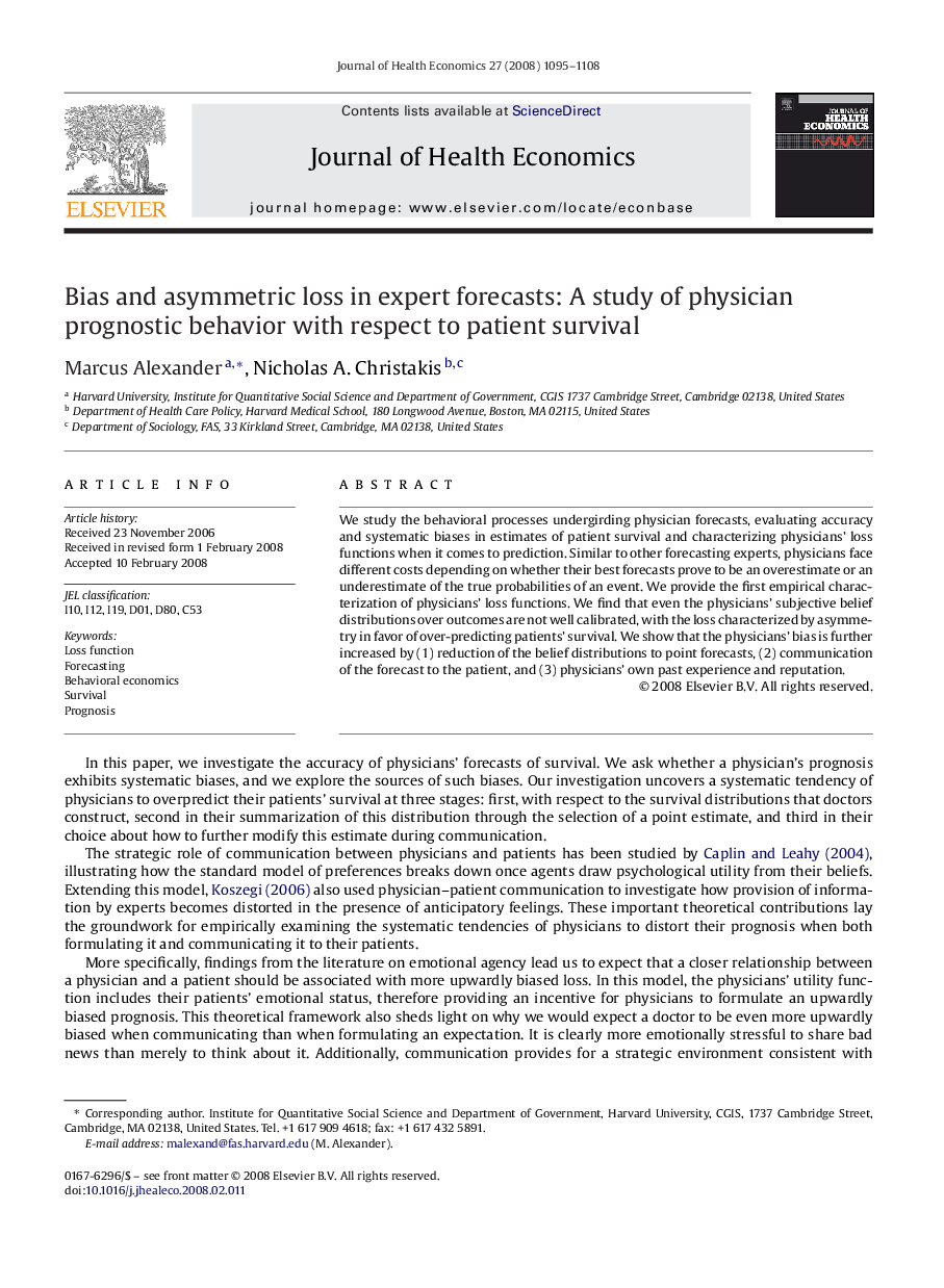 Bias and asymmetric loss in expert forecasts: A study of physician prognostic behavior with respect to patient survival