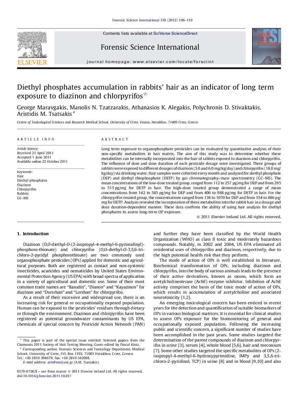 Diethyl phosphates accumulation in rabbits’ hair as an indicator of long term exposure to diazinon and chlorpyrifos 