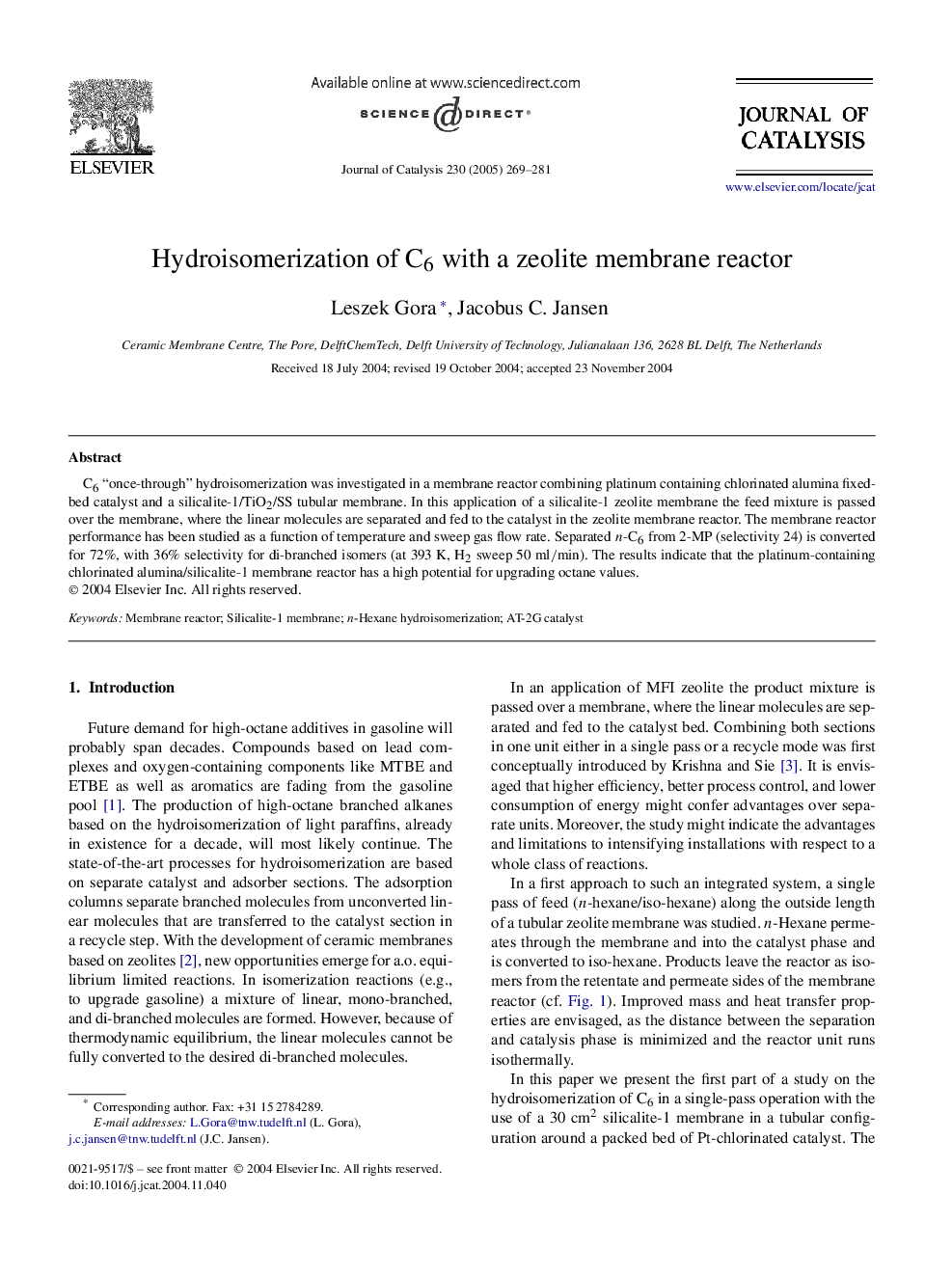 Hydroisomerization of C6 with a zeolite membrane reactor