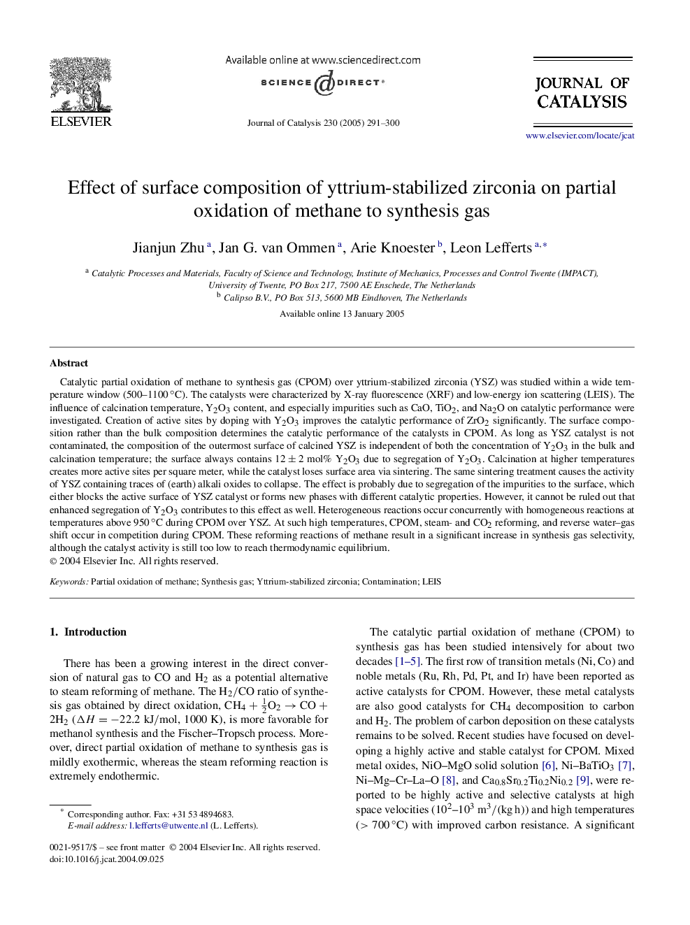 عکس صفحه اول مقاله: Effect of surface composition of yttrium-stabilized zirconia on partial oxidation of methane to synthesis gas Effect of surface composition of yttrium-stabilized zirconia on partial oxidation of methane to synthesis gas