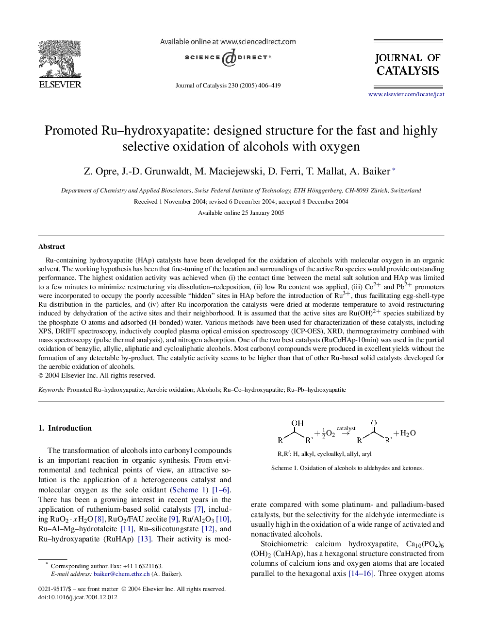 Promoted Ru-hydroxyapatite: designed structure for the fast and highly selective oxidation of alcohols with oxygen