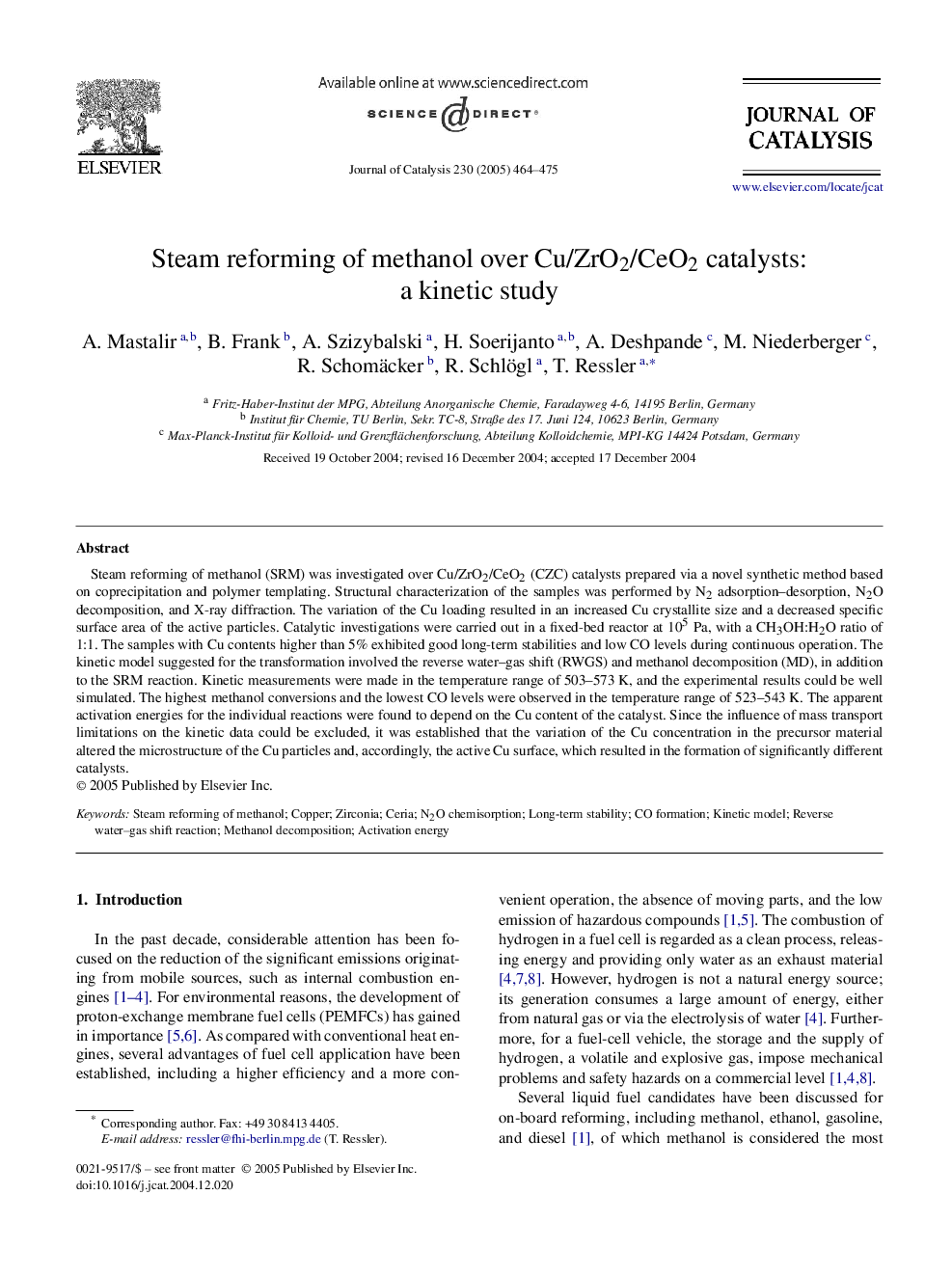 Steam reforming of methanol over Cu/ZrO2/CeO2 catalysts: a kinetic study