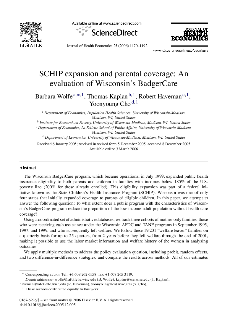 SCHIP expansion and parental coverage: An evaluation of Wisconsin's BadgerCare