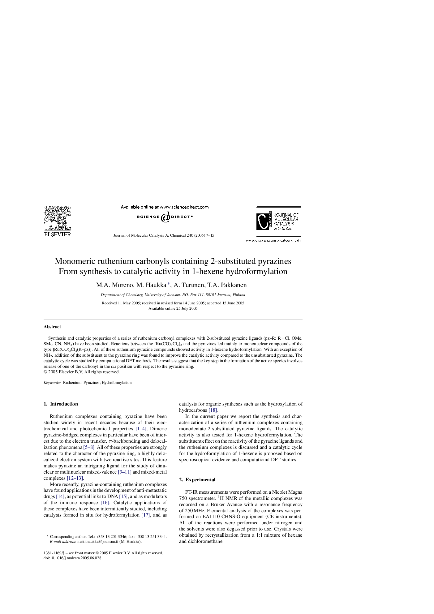 Monomeric ruthenium carbonyls containing 2-substituted pyrazines