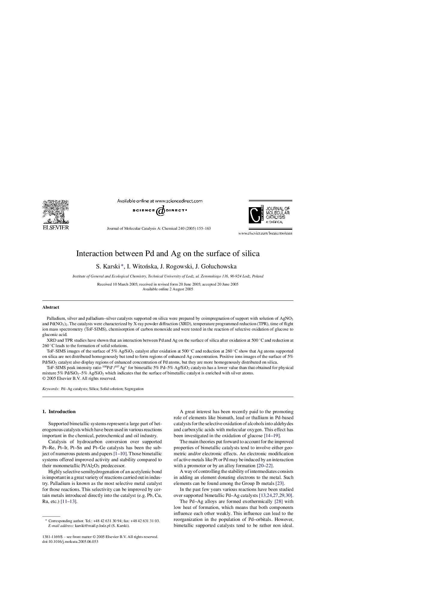 Interaction between Pd and Ag on the surface of silica