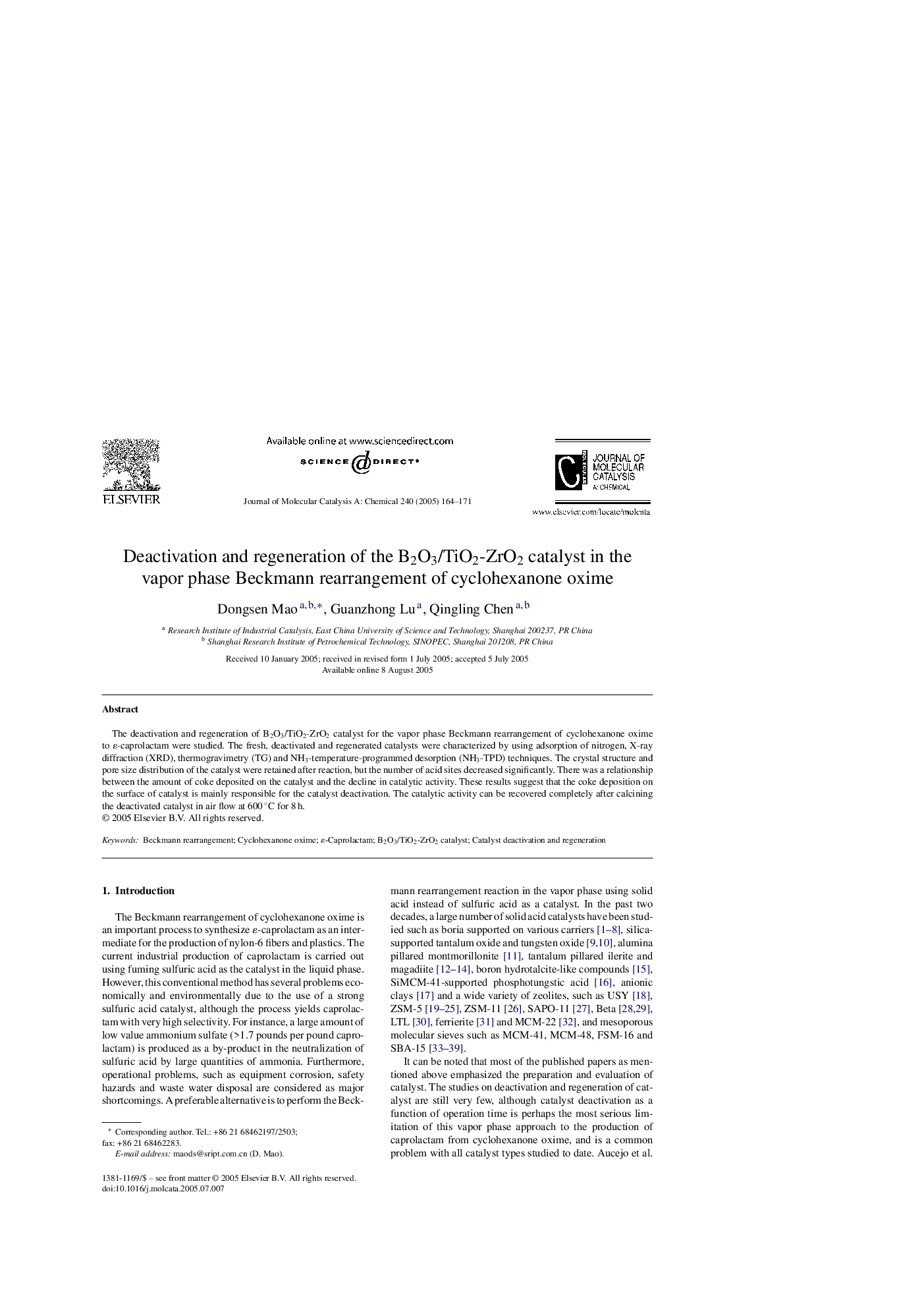 Deactivation and regeneration of the B2O3/TiO2-ZrO2 catalyst in the vapor phase Beckmann rearrangement of cyclohexanone oxime