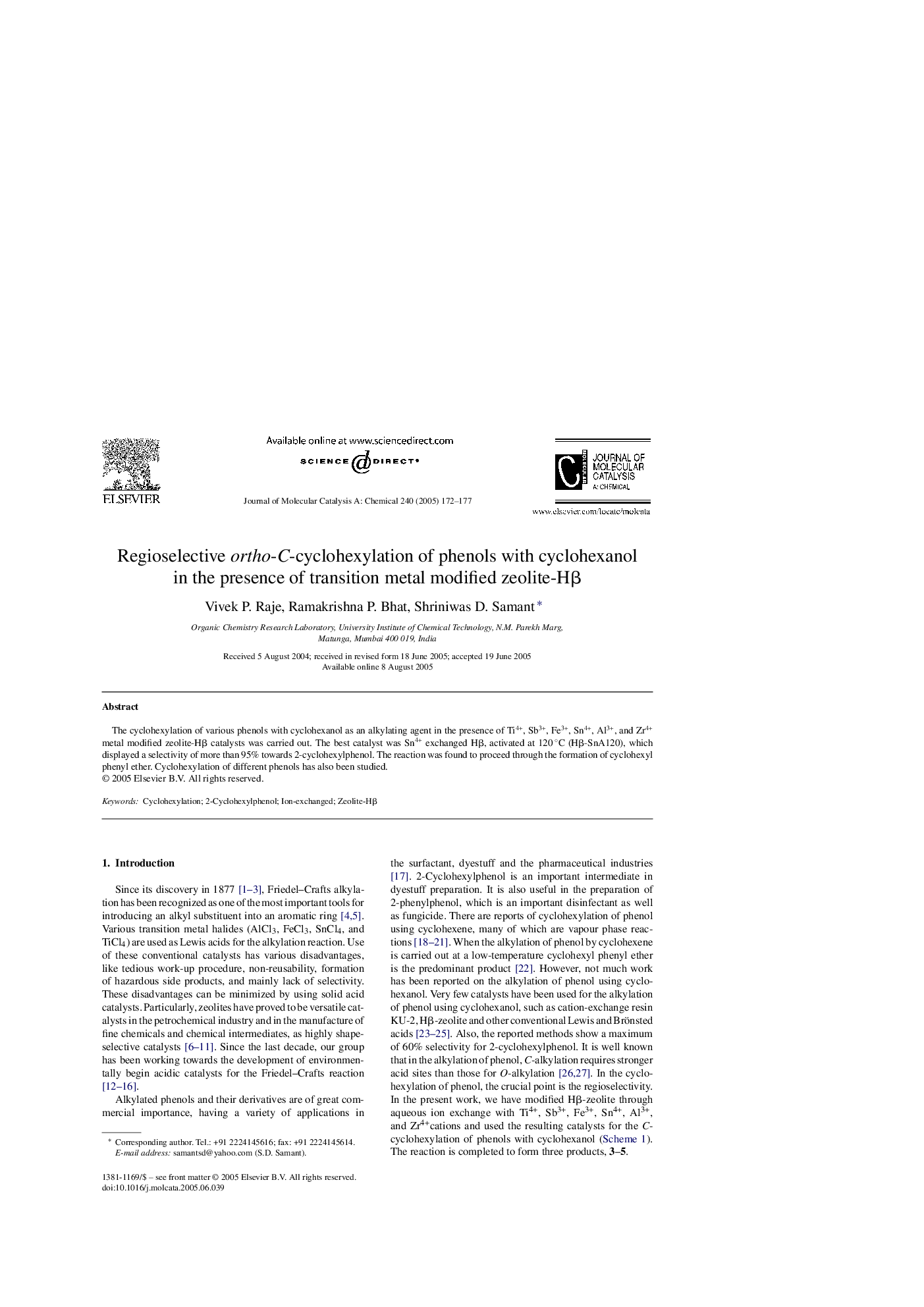 Regioselective ortho-C-cyclohexylation of phenols with cyclohexanol in the presence of transition metal modified zeolite-HÎ²