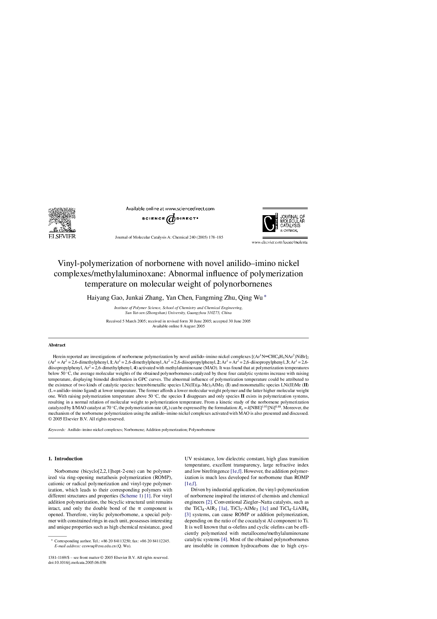 Vinyl-polymerization of norbornene with novel anilido-imino nickel complexes/methylaluminoxane: Abnormal influence of polymerization temperature on molecular weight of polynorbornenes