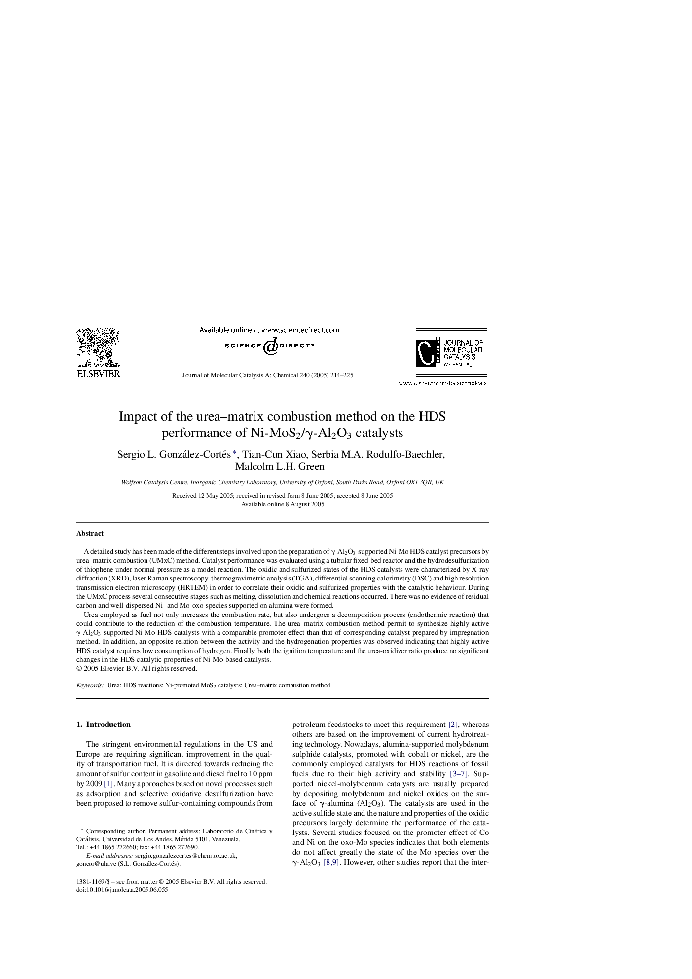 Impact of the urea-matrix combustion method on the HDS performance of Ni-MoS2/Î³-Al2O3 catalysts