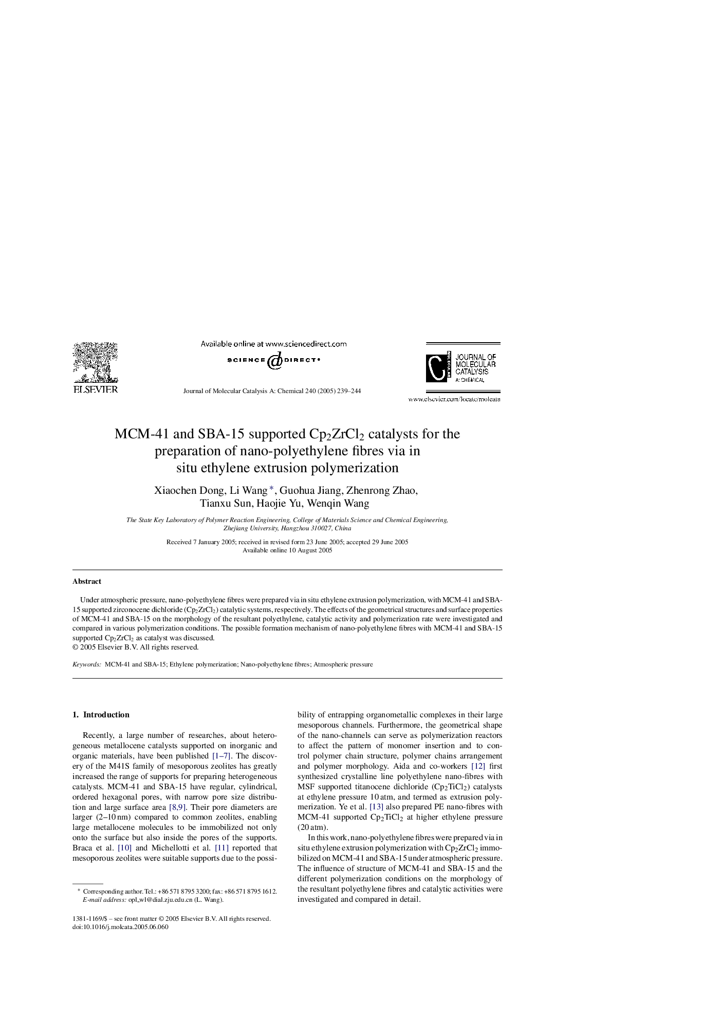 MCM-41 and SBA-15 supported Cp2ZrCl2 catalysts for the preparation of nano-polyethylene fibres via in situ ethylene extrusion polymerization