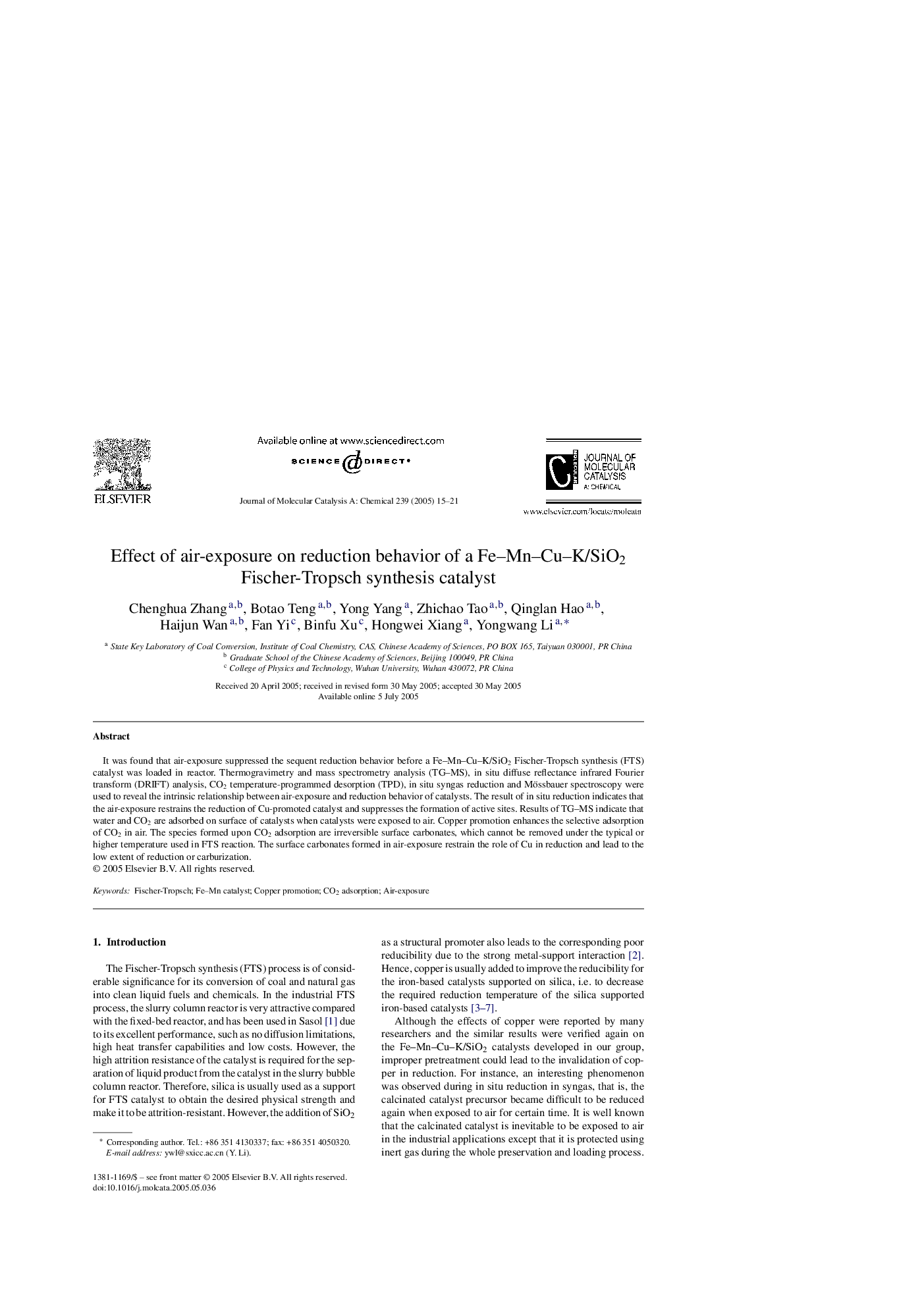 Effect of air-exposure on reduction behavior of a Fe-Mn-Cu-K/SiO2 Fischer-Tropsch synthesis catalyst