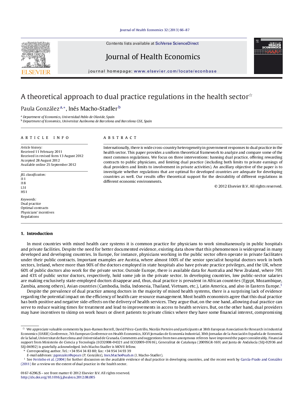 A theoretical approach to dual practice regulations in the health sector